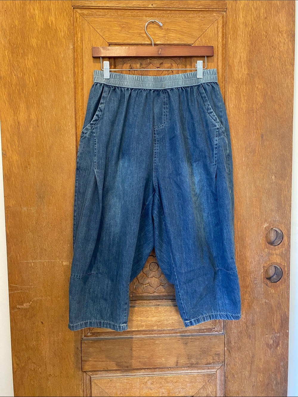 FANAS VENAS denim unisex capri short drop crotch elastic waist XL 100% COTTON